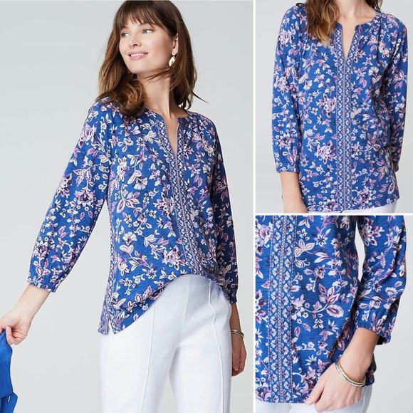 J JILL Border Print Blouse Split Neck 3/4 Sleeve Blue Floral Print Pullover - Picture 1 of 14